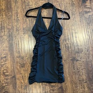 Black Halter Cutout Back Ruched Bodycon Dress